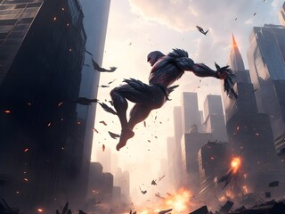 A striking scene where a mutant with the power of telekinesis hurls massive debris towards an airborne adversary, their clash shattering the remnants of skyscrapers in the background