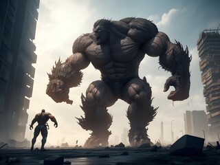 A towering mutant with colossal strength, engaged in a fierce hand-to-hand combat with a rival, causing shockwaves that ripple through the fractured concrete and steel of a dystopian metropolis.