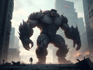 A towering mutant with colossal strength, engaged in a fierce hand-to-hand combat with a rival, causing shockwaves that ripple through the fractured concrete and steel of a dystopian metropolis.