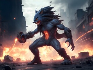 A mutant with the power of sonic manipulation, standing at the epicenter of a chaotic battle, unleashing a cacophony of destructive sound waves that reverberate through the desolate streets.