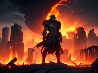 A mutant with the ability to manipulate fire, standing tall amidst the blazing ruins of a once-thriving city, casting an ominous glow against the ashen skyline.