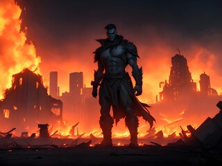 A mutant with the ability to manipulate fire, standing tall amidst the blazing ruins of a once-thriving city, casting an ominous glow against the ashen skyline.