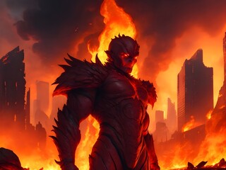 A fiery mutant, with skin as red as molten lava, stands tall amidst the charred remains of a once-great metropolis. Their eyes blaze with power as they manipulate the flames around them