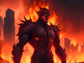 A fiery mutant, with skin as red as molten lava, stands tall amidst the charred remains of a once-great metropolis. Their eyes blaze with power as they manipulate the flames around them