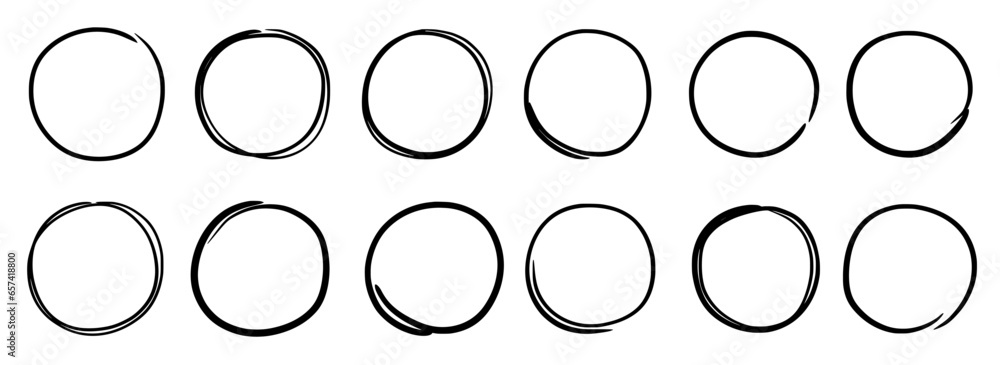 Poster Hand drawn round frame vector set. Hand drawn sketch pencil scribble style line round frame. Doodle line circle, ring shape element. Vector illustration.