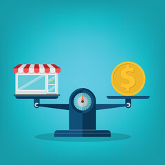 Shop and a stack of coin on the scale. Small business concept.