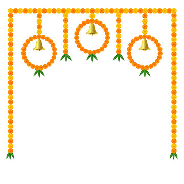 Traditional indian garland marigold toran floral vector wedding and festival decoration,  Diwali decoration Toran border on transparent background