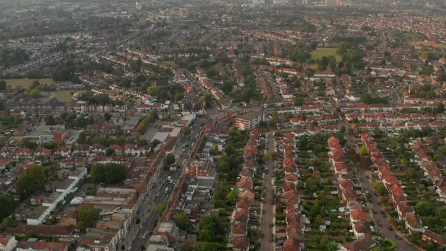 Aerial slider shot of dense hounslow residential neighbourhood