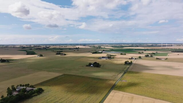 Picturesque Rural Houses And Fields At Simrishamn Town In Osterlen, Skane Province, Sweden. Aerial Shot