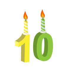 Year 10 birthday. Anniversary celebration with a burning candle, vector illustration