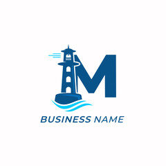 design logo creative letter M and lighthouse building
