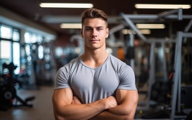 A young man does sports in the gym and looks at the camera. Generative AI