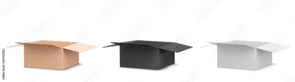 Poster cardboard parcel box for delivery vector icon. 3d isolated carton white, black and brown paper stora