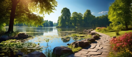 Scenic park with a lake trees and a stone path in sunlight