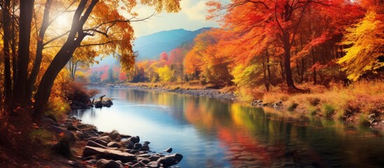 Stunning fall view of trees over the river bathed in sunlight with a picturesque background