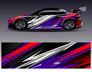 Obraz premium Car wrap design vector.Graphic abstract stripe racing background designs for vehicle, rally, race, adventure and car racing livery