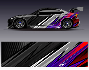 Obraz premium Car wrap design vector.Graphic abstract stripe racing background designs for vehicle, rally, race, adventure and car racing livery