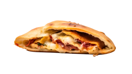 Pizza Calzone (nourriture italienne), focus en gros plan, avec transparence sans background