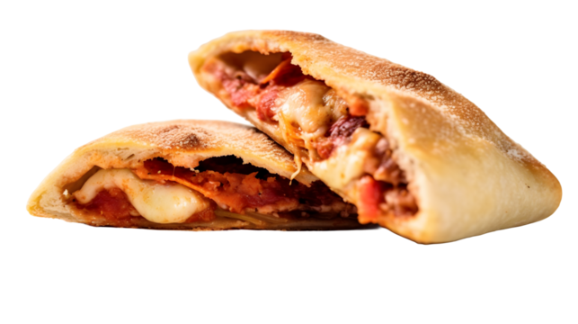 Pizza Calzone (nourriture italienne), focus en gros plan, avec transparence sans background