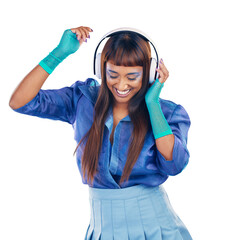 Cyberpunk, music and happy woman with headphones isolated on transparent png background. Future fashion, excited dance and listening to streaming radio, girl with party clothes and energy with smile