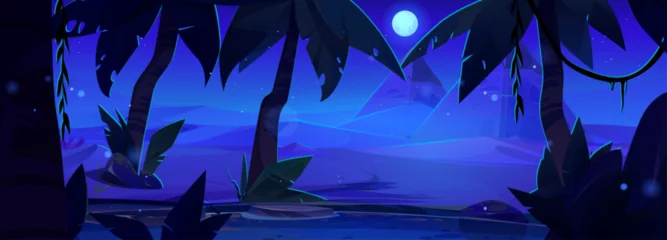 Gordijnen Egyptian desert landscape with oasis at night under moonlight. Cartoon vector dark midnight landscape with lake and palm trees on skyline with pyramids in sand. Summer african scene in twilight. © klyaksun