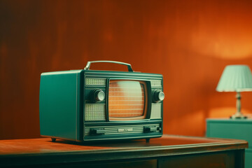 Retro radio on the table with turquoise wall background.