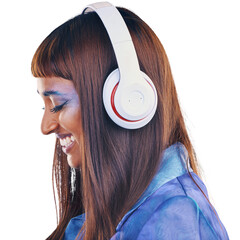 Cyberpunk, profile and happy woman with headphones isolated on transparent png background. Future...