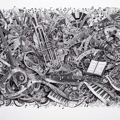 sketches of instruments interwoven with bold, contrasting musical notes