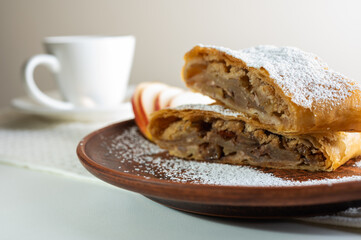 Paired pieces of delicious strudel stuffed with apples and cinnamon on a light plate on a light background. Place for writing. Close up view. Homemade Ukrainian pastries