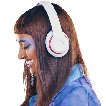 Cyberpunk, Profile And Happy Woman With Headphones Isolated On Transparent Png Background. Future Fashion, Technology And Face Of Girl Listening To Streaming Music With Smile, Connection And Makeup.