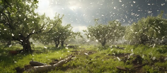 Obraz na płótnie Canvas A devastating hailstorm wrecked all the fruit trees in the plum orchard with very limited visibility With copyspace for text