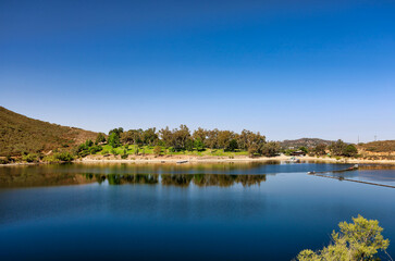 The Lake Poway loop trail view of the lake and park in Poway, California USA.