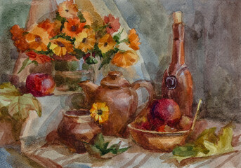 Still life with an old jug, vegetables and yellow flowers in a vase. An old jug, a vase of flowers and vegetables on the table. Picturesque still life with watercolor paints. Watercolour.