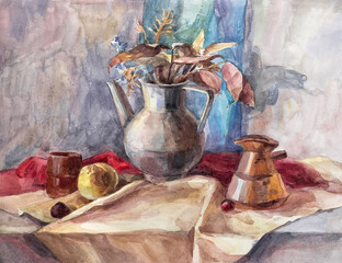 A picturesque still life with a teapot and fruit, made with watercolor paints. Still life with a teapot and fruit. Ceramic dishes and fruits on a table covered with a tablecloth. Watercolour.