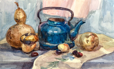 Still life with an old teapot and vegetables. Metal old kettle and vegetables on the table. A picturesque still life with a large teapot and juicy vegetables, made with watercolor paints. Watercolour.