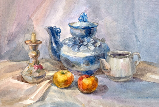 Ceramic dishes and fruits on a table covered with a tablecloth. Watercolour. Still life with a teapot and fruit. A picturesque still life with a teapot and fruit, made with watercolor paints.