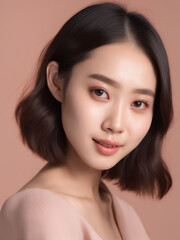 Fototapeta premium portrait of a beautiful Asian woman on a peach background shiny and soft skin with black hair