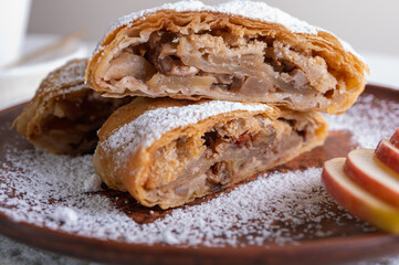 Paired pieces of delicious strudel stuffed with apples and cinnamon on a light plate on a light background. Place for writing. Close up view. Homemade Ukrainian pastries