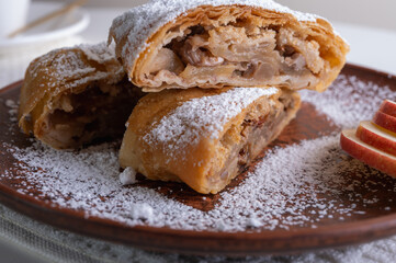 Top view, morning breakfast, pieces of delicious strudel stuffed with apples and cinnamon on a light plate on a light background. Place for inscription	
