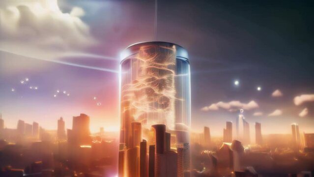 Retro Technological Cyberpunk City in a Vacuum Tube. Futuristic Nixie Tube Cityscape with Moving Electrical Current. Science Fiction / Steampunk Animated Background. 