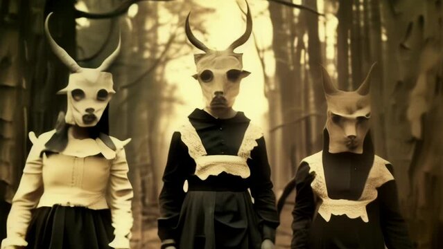 Victorian Film Footage Style Clips of Pagan Children and Adults in Scary Animal Masks. Vintage Degraded Film Style Animation Creepy Costume Ritual Footage. Horror / Halloween Animated Scenes. 