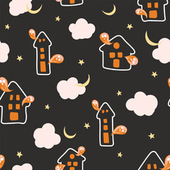 Haunted houses with stars, moons and clouds forming a seamless vector pattern in a color palette of off white, brown, black. Great for home decor, fabric, wallpaper, gift wrap, stationery, packaging