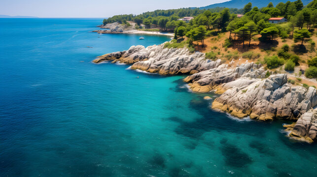Drone aerial view of sea and rocks in olympiada halkidiki greece 