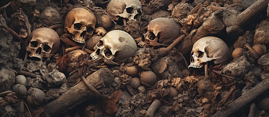 Excavating ancient graves reveals human bones and skulls With copyspace for text