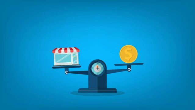 Shop and a stack of coin on the scale. Small business concept.