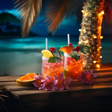 Tropical cocktails in beach decorations