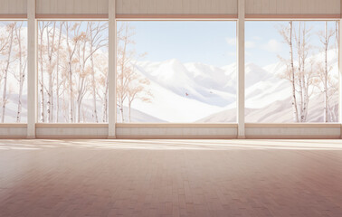 Empty room with a snowy scene in the background