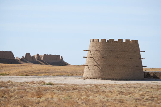 Turkestan, Kazakhstan - 10.15.2019 : Ruins of the ancient city of Sauran of the 10th century.