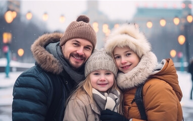 Obraz premium A winter closeup photo of family at Christmas on a background of a city with garlands. Generative AI