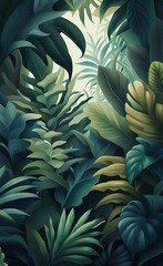 Mural for walls, wallpaper for the room, tropical leaves, branches of plants, Generative AI